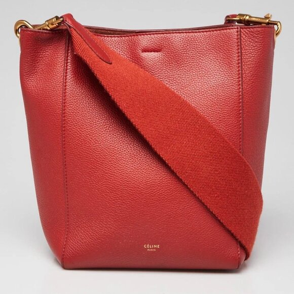 Celine Red Pebbled Leather Small Sangle Seau Bag - Picture 1 of 11